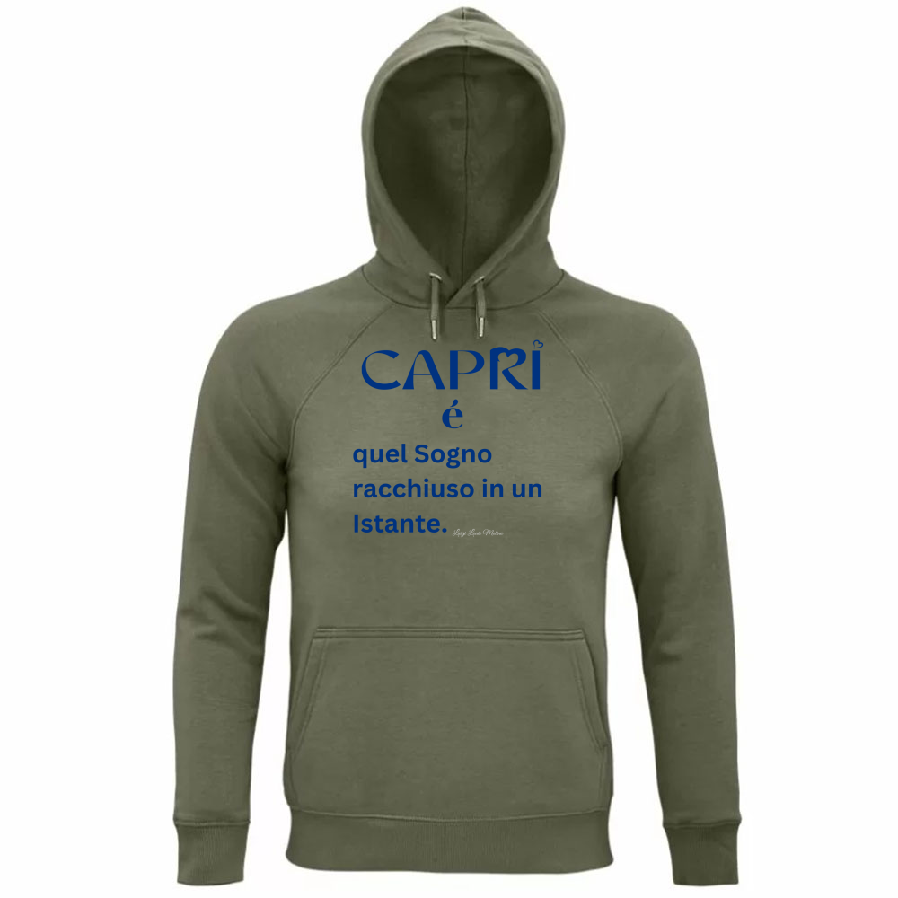 Felpa Organica Unisex Cappuccio Capri Sogno racchiuso in un istante scritta Blue