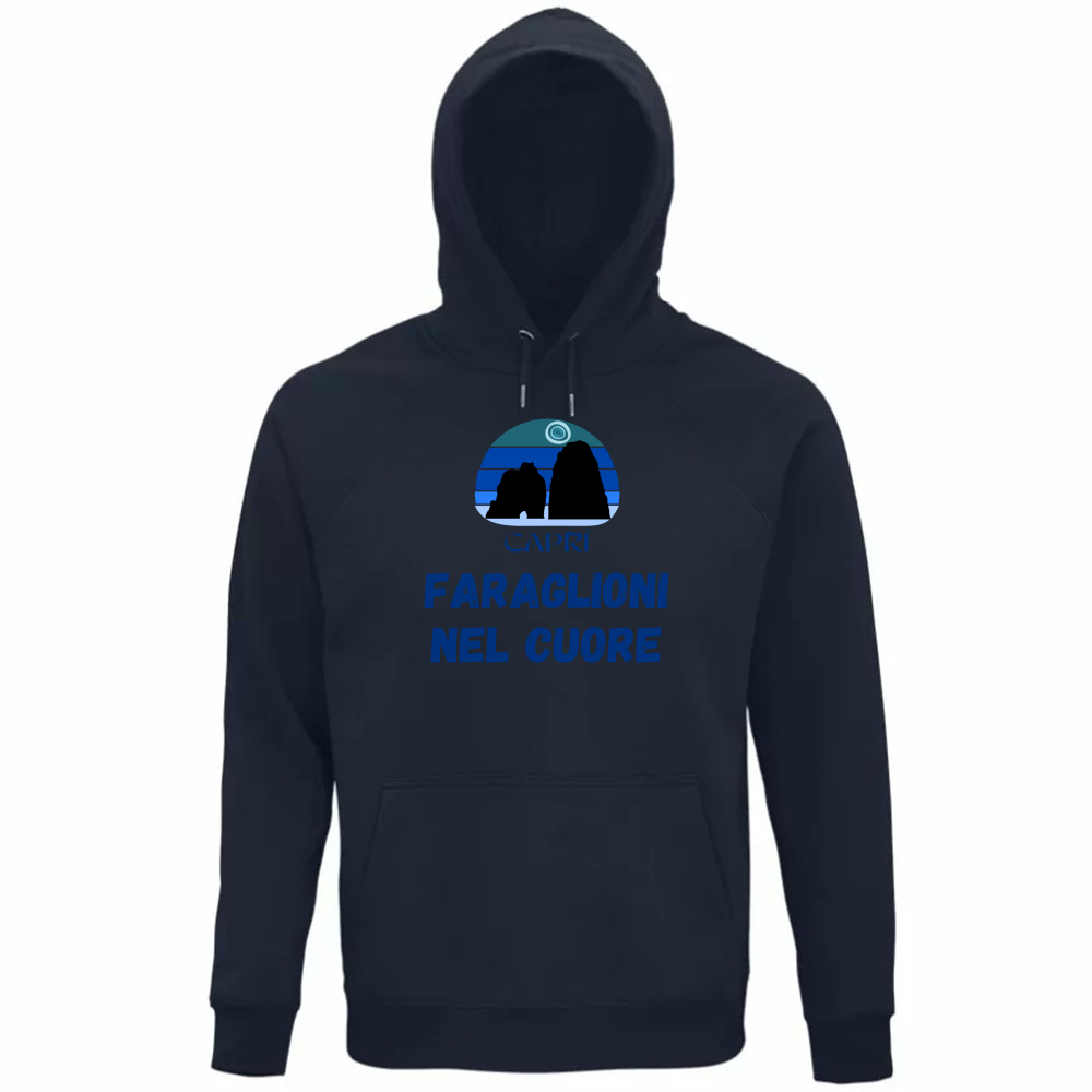Felpa Organica Unisex Cappuccio FARAGLIONI DI CAPRI NEL CUORE SCRITTA BLUE