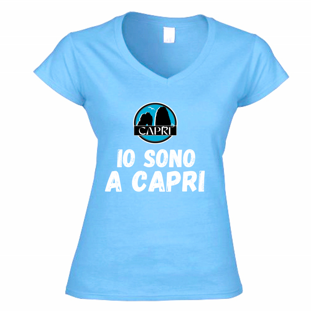 T-Shirt Donna Scollo V IO SONO A CAPRI SCRITTA BIANCA
