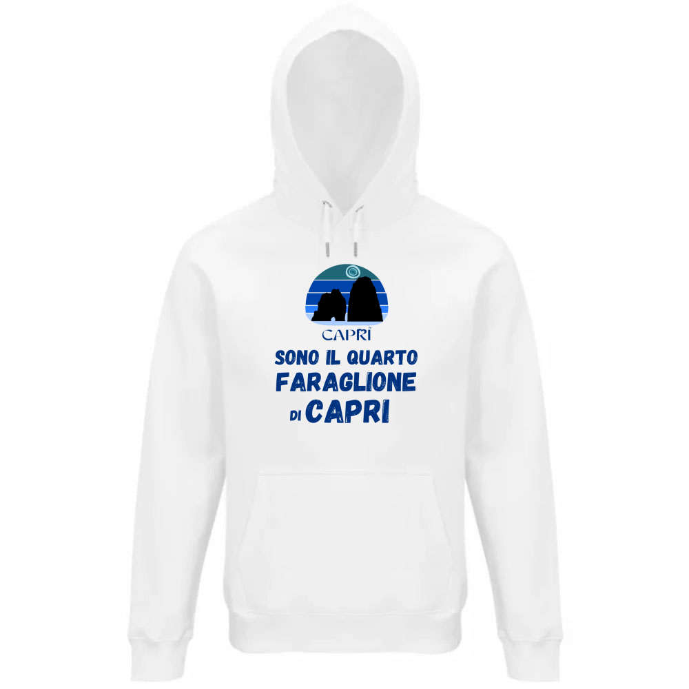 Felpa Organica Unisex Cappuccio SONO IL QUARTO FARAGLIONE DI CAPRI SCRITTA BLUE