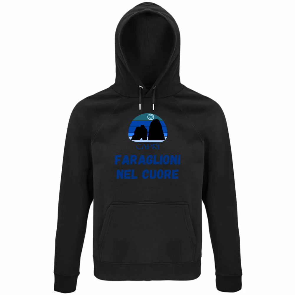 Felpa Organica Unisex Cappuccio FARAGLIONI DI CAPRI NEL CUORE SCRITTA BLUE
