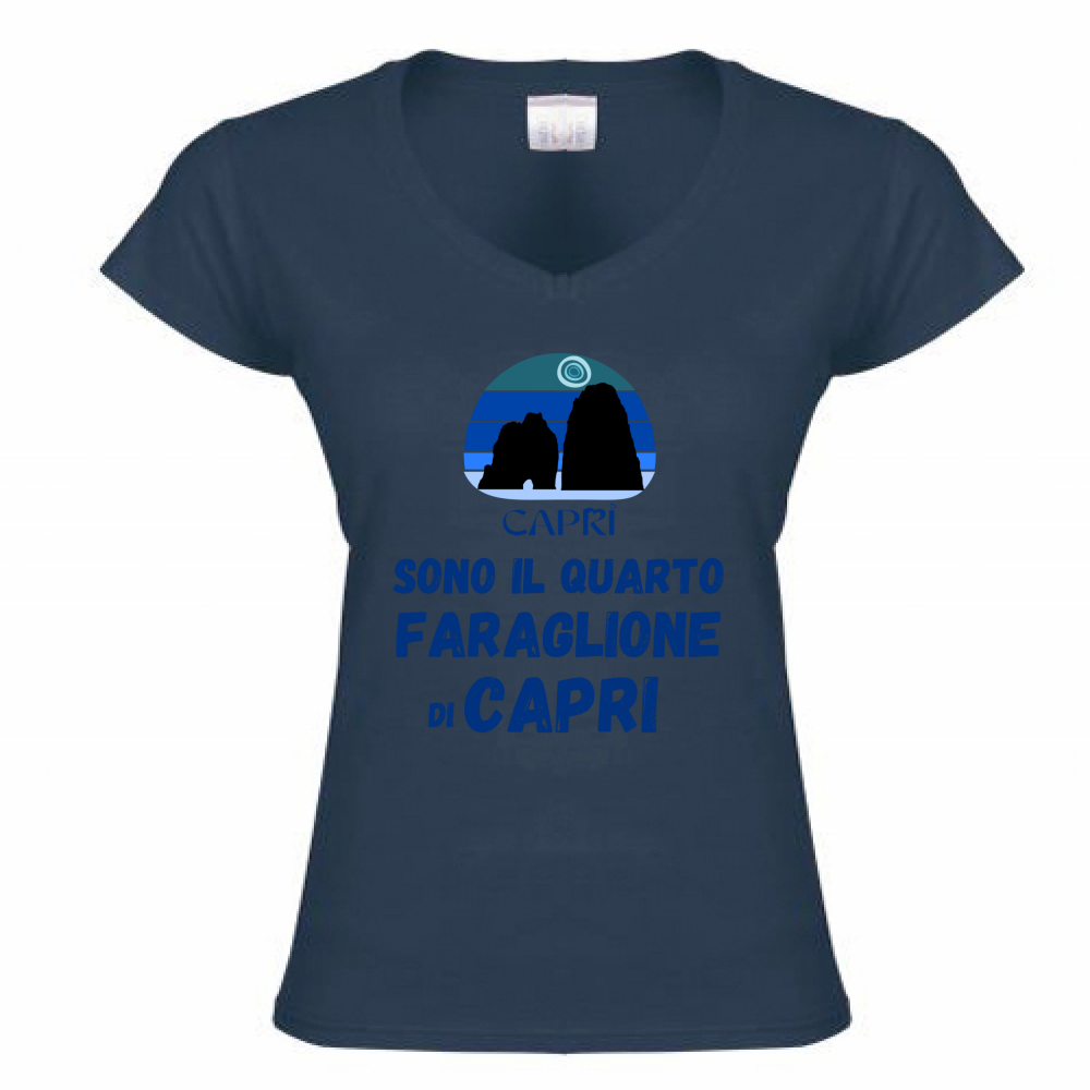 T-Shirt Donna Scollo V SONO IL QUARTO FARAGLIONE DI CAPRI SCRITTA BLUE