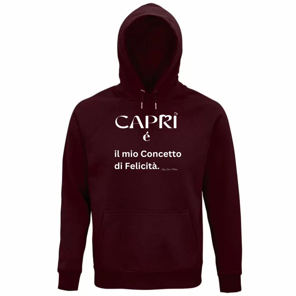 Felpa Organica Unisex Cappuccio Capri é il mio concetto di Felicità scritta Bian
