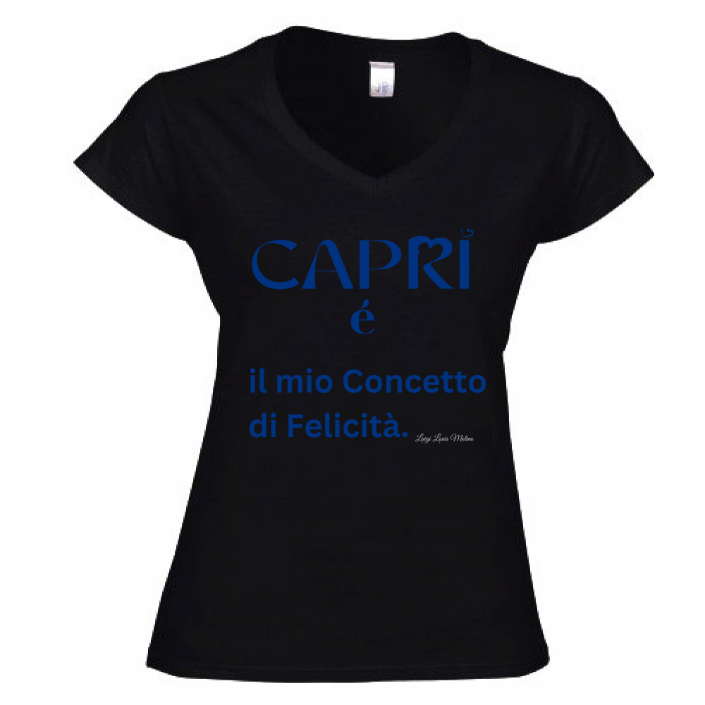 T-Shirt Donna Scollo V Capri é il mio concetto di Felicità scritta Blue