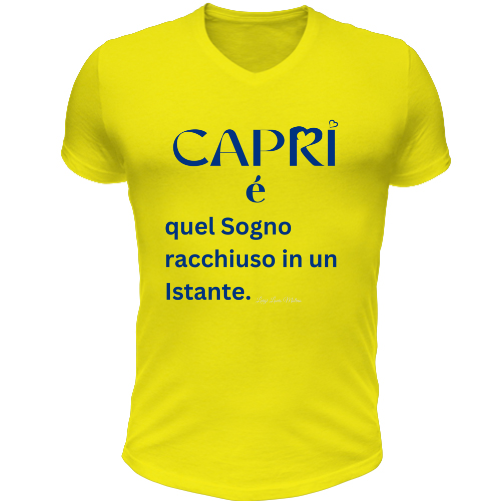 T-Shirt Unisex Scollo V Capri Sogno racchiuso in un istante scritta Blue