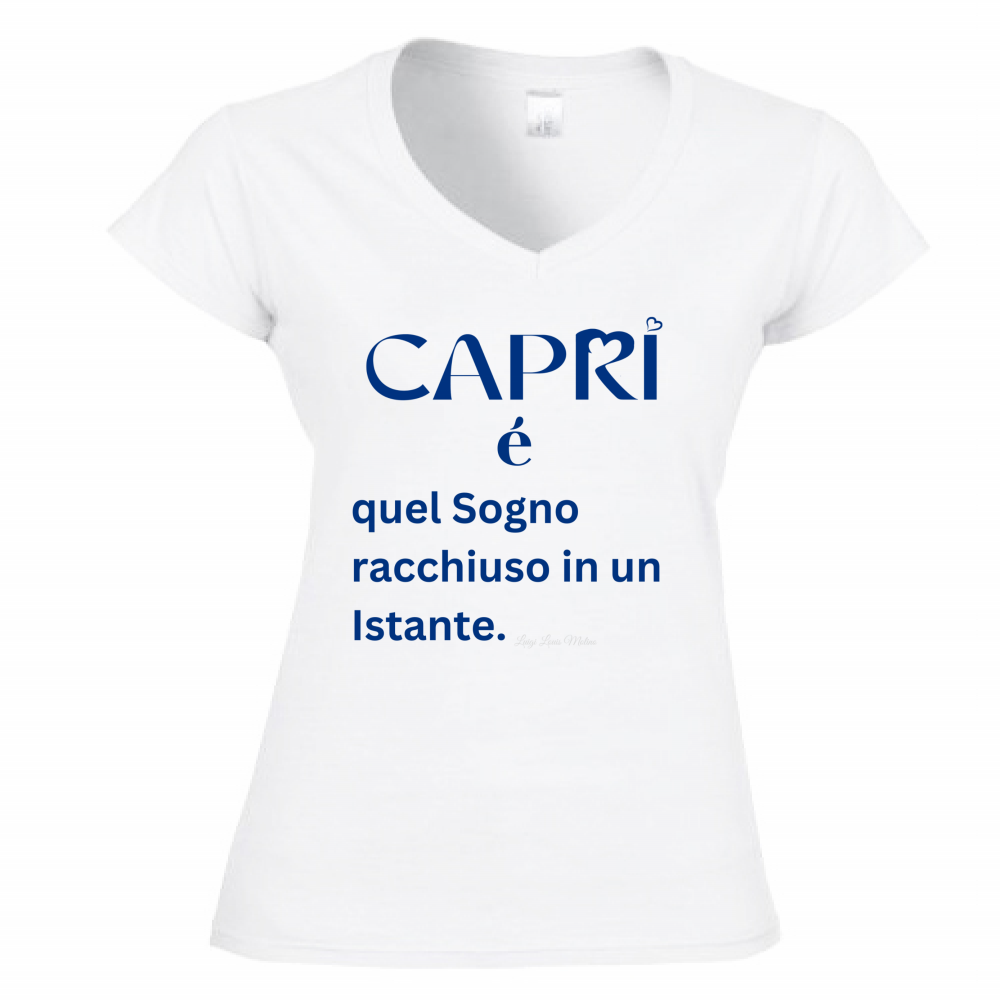 T-Shirt Donna Scollo V Capri Sogno racchiuso in un istante scritta Blue