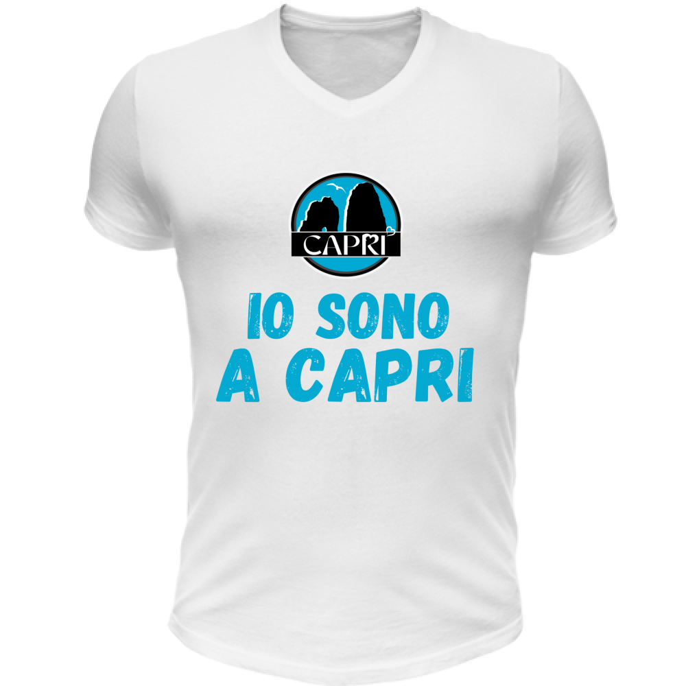 T-Shirt Unisex Scollo V IO SONO A CAPRI SCRITTA AZZURRA
