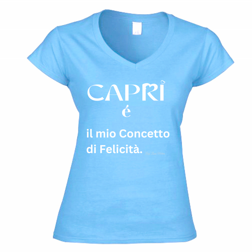 T-Shirt Donna Scollo V Capri é il mio concetto di Felicità scritta Bian