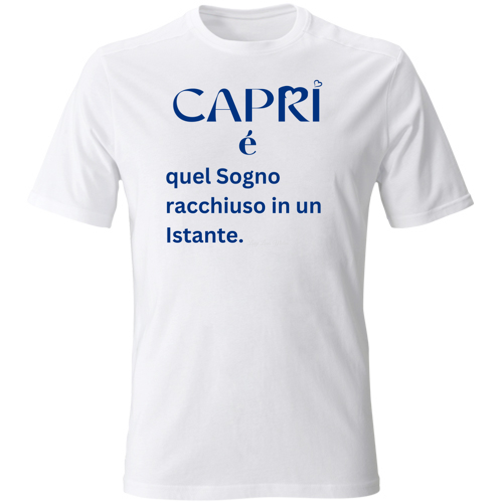 T-Shirt Unisex Large Capri Sogno racchiuso in un istante scritta Blue