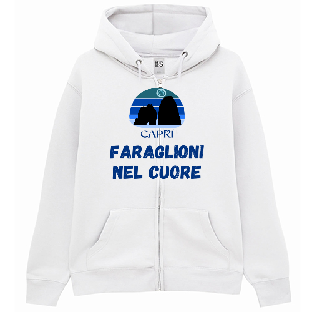 Felpa Premium Cappuccio Zip FARAGLIONI DI CAPRI NEL CUORE SCRITTA BLUE