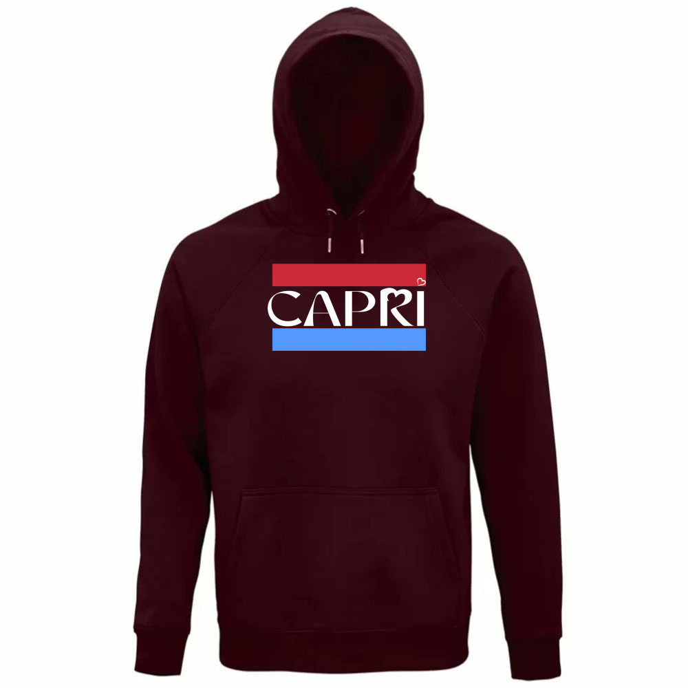 Felpa Organica Unisex Cappuccio CAPRI FASCIA ROSSO BLUE BIANCO