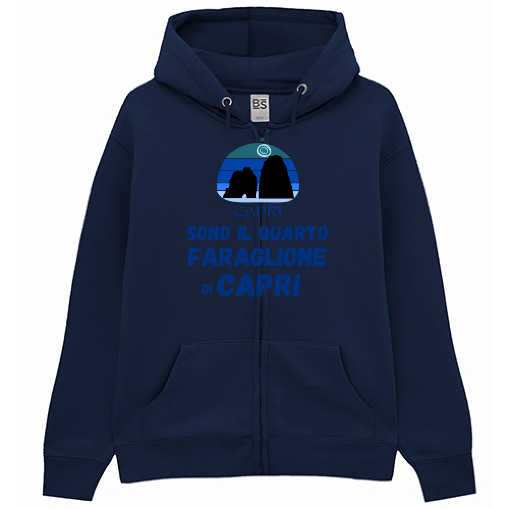 Felpa Premium Cappuccio Zip SONO IL QUARTO FARAGLIONE DI CAPRI SCRITTA BLUE