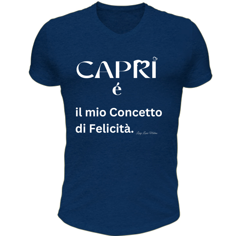T-Shirt Unisex Scollo V Capri é il mio concetto di Felicità scritta Bian