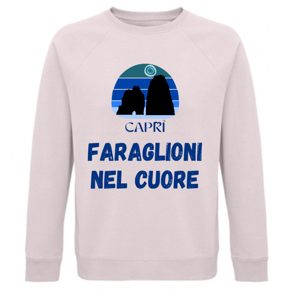 Felpa Unisex Organica FARAGLIONI DI CAPRI NEL CUORE SCRITTA BLUE