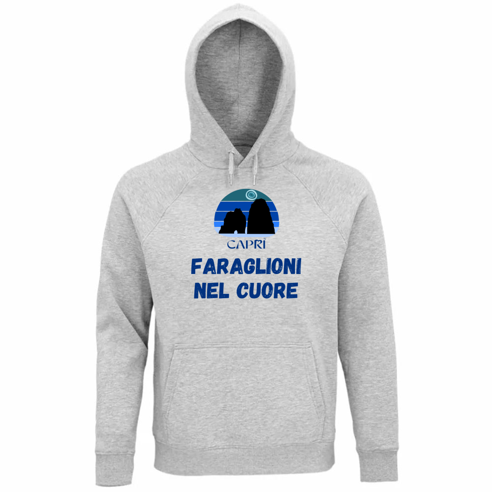 Felpa Organica Unisex Cappuccio FARAGLIONI DI CAPRI NEL CUORE SCRITTA BLUE