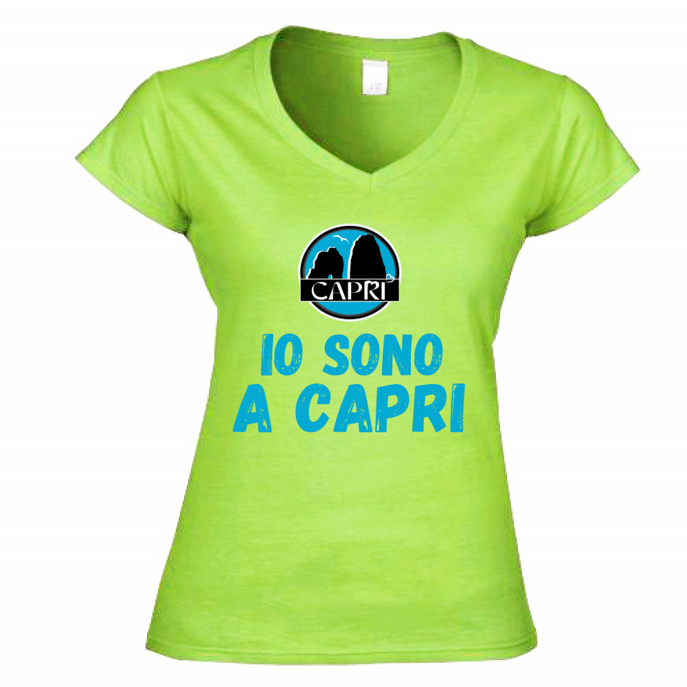T-Shirt Donna Scollo V IO SONO A CAPRI SCRITTA AZZURRA