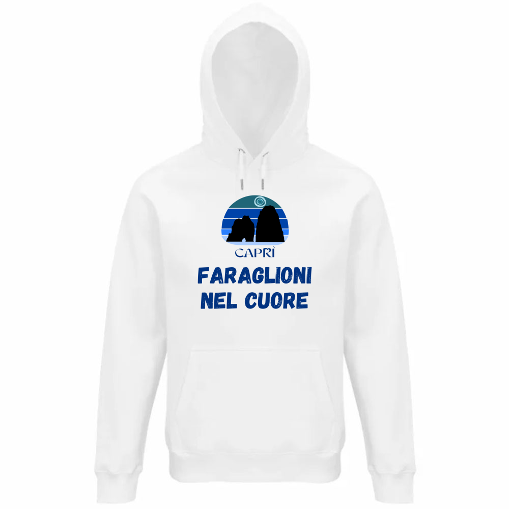 Felpa Organica Unisex Cappuccio FARAGLIONI DI CAPRI NEL CUORE SCRITTA BLUE