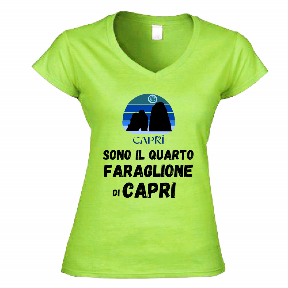 T-Shirt Donna Scollo V SONO IL QUARTO FARAGLIONE DI CAPRI SCRITTA NERA