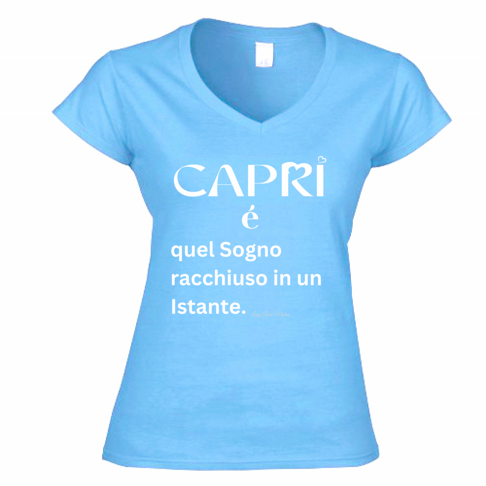 T-Shirt Donna Scollo V Capri Sogno racchiuso in un istante scritta bianca