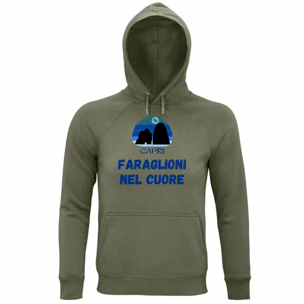 Felpa Organica Unisex Cappuccio FARAGLIONI DI CAPRI NEL CUORE SCRITTA BLUE