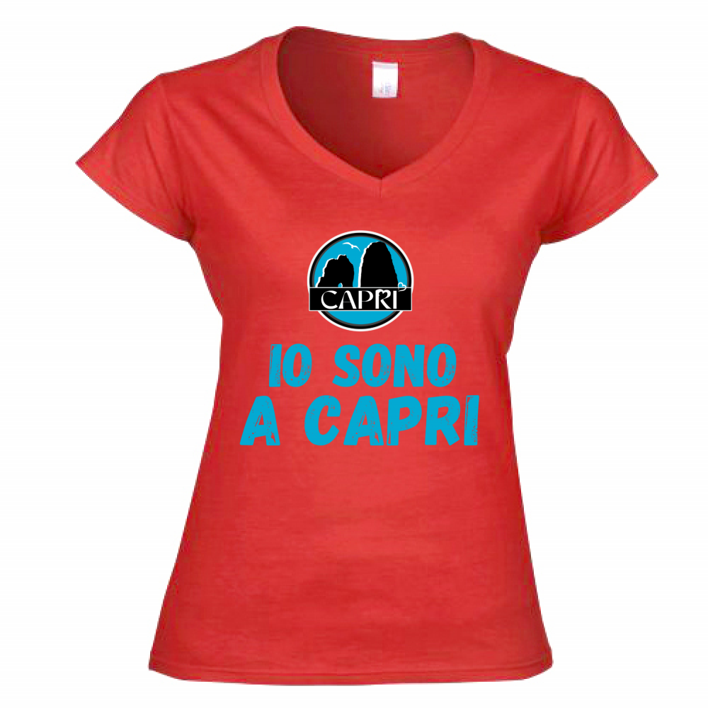 T-Shirt Donna Scollo V IO SONO A CAPRI SCRITTA AZZURRA
