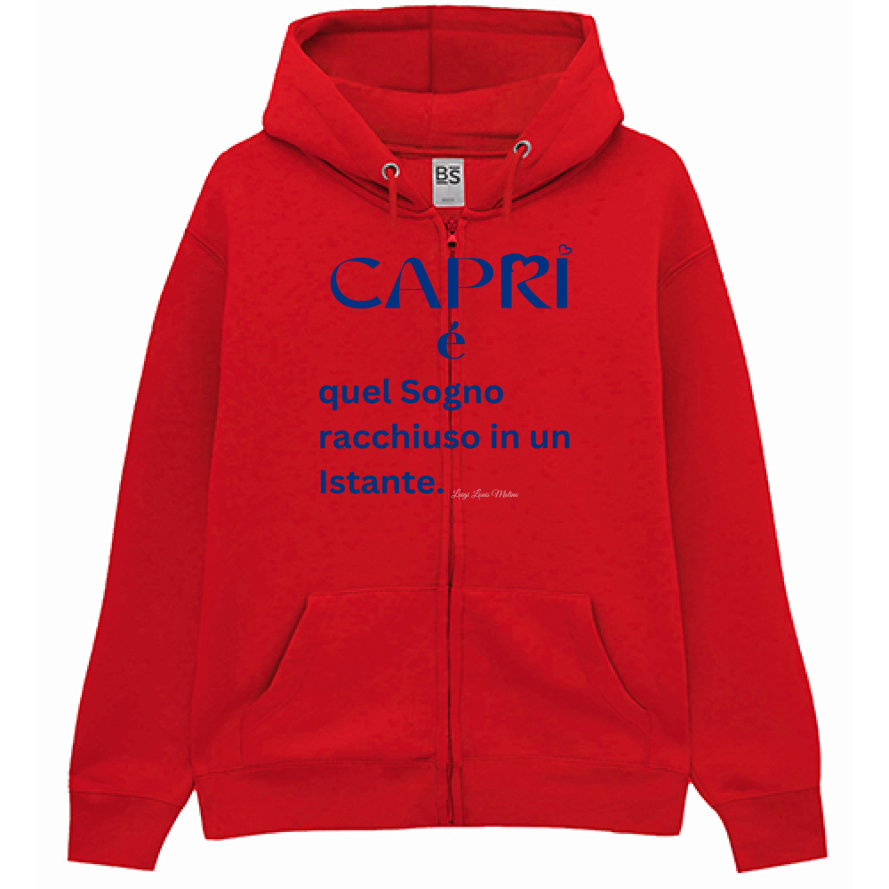 Felpa Premium Cappuccio Zip Capri Sogno racchiuso in un istante scritta Blue