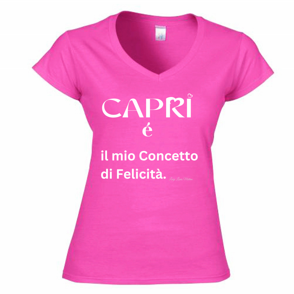 T-Shirt Donna Scollo V Capri é il mio concetto di Felicità scritta Bian