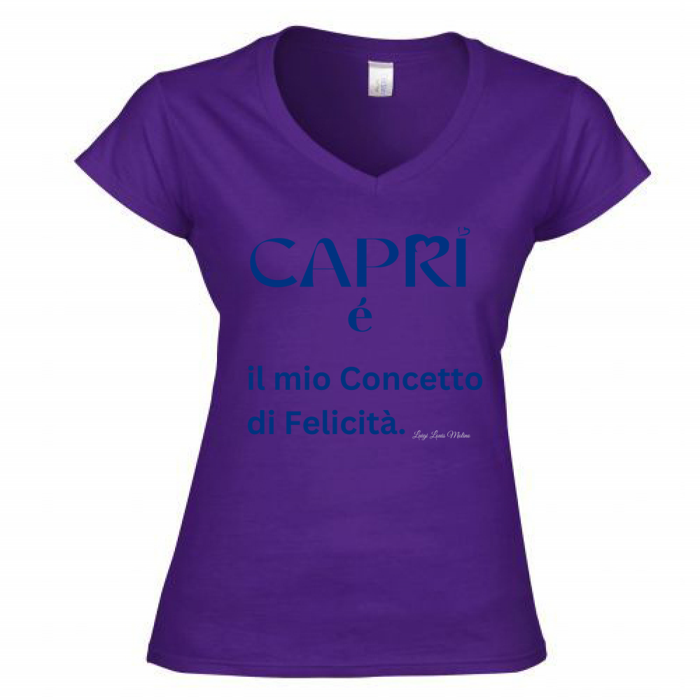 T-Shirt Donna Scollo V Capri é il mio concetto di Felicità scritta Blue