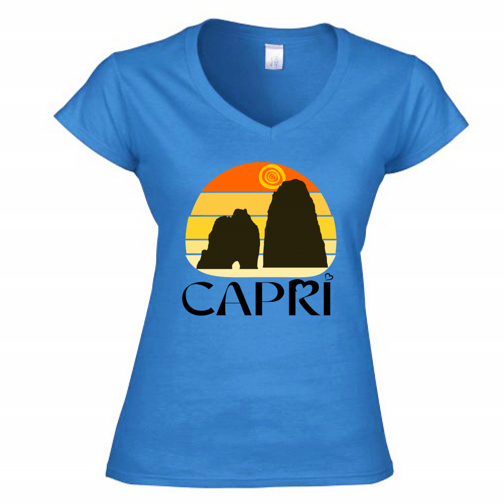 Women's T-Shirt V-Neck CAPRI SUNSET VINTAGE BLACK WRITING