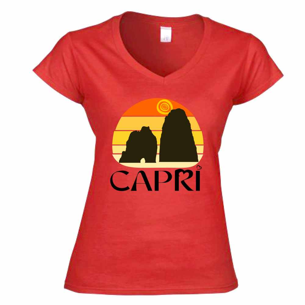 Women's T-Shirt V-Neck CAPRI SUNSET VINTAGE BLACK WRITING