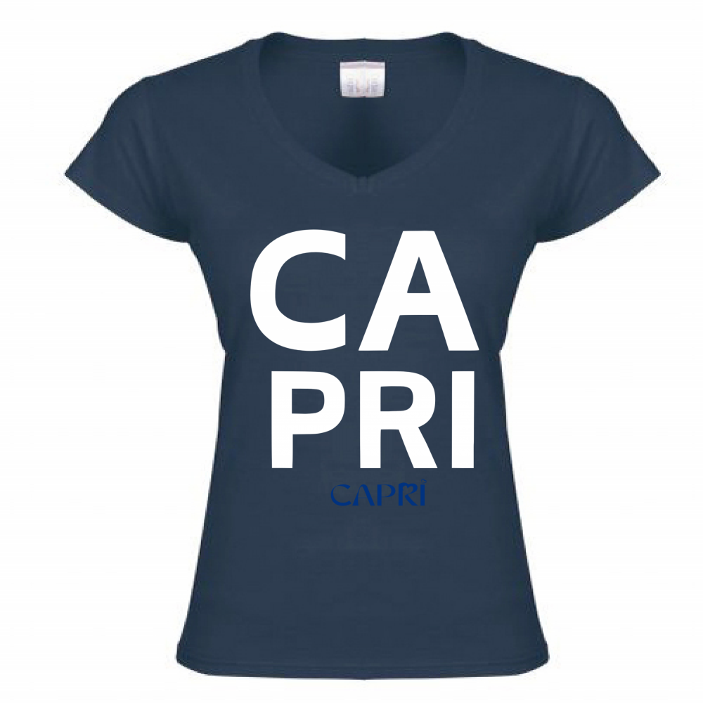 T-Shirt Donna Scollo V CAPRI DESIGN SCRITTA BIANCA