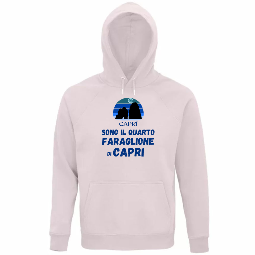 Felpa Organica Unisex Cappuccio SONO IL QUARTO FARAGLIONE DI CAPRI SCRITTA BLUE