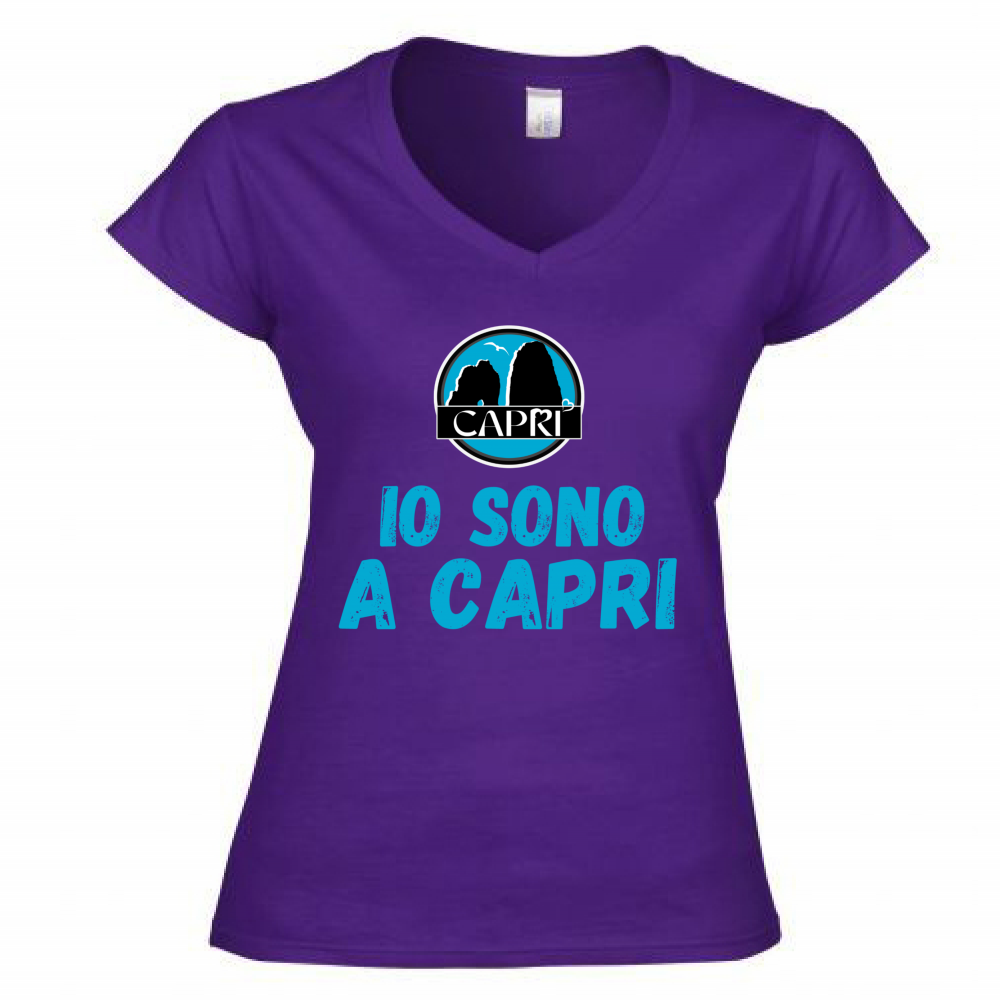 T-Shirt Donna Scollo V IO SONO A CAPRI SCRITTA AZZURRA