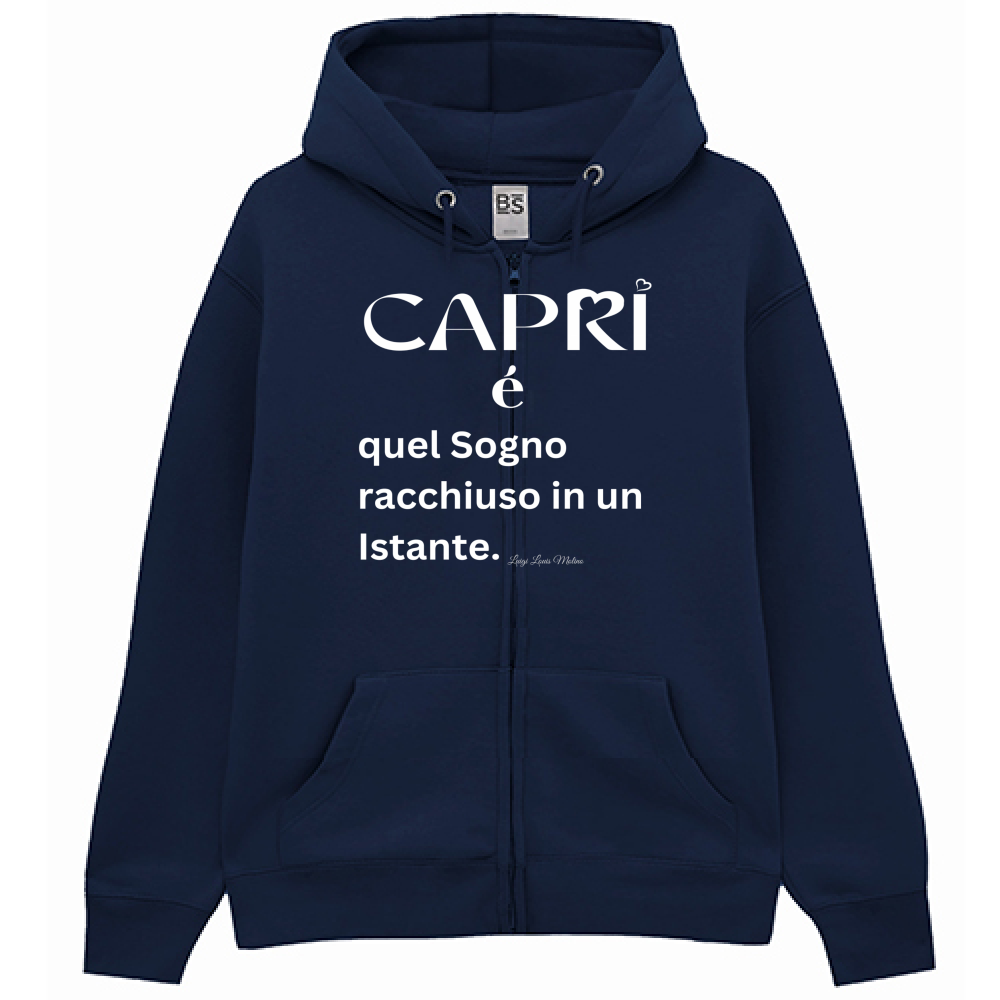 Felpa Premium Cappuccio Zip Capri Sogno racchiuso in un istante scritta bianca