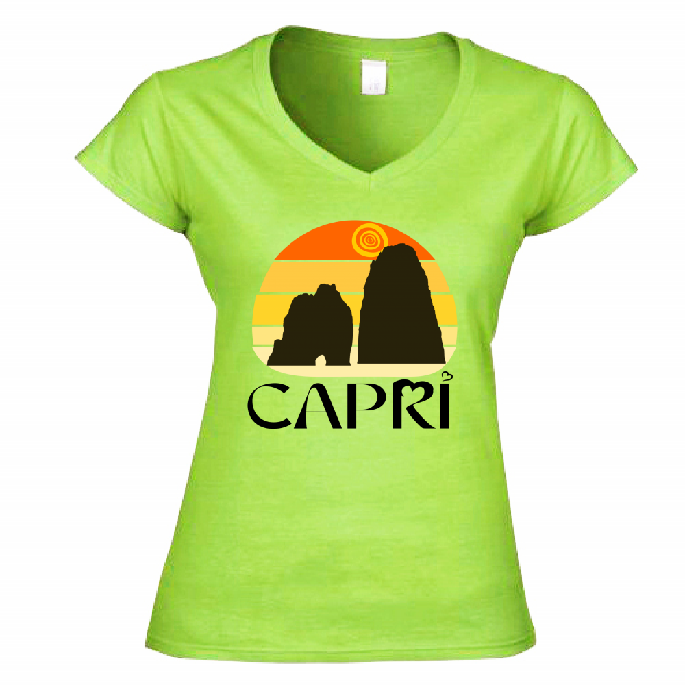 Women's T-Shirt V-Neck CAPRI SUNSET VINTAGE BLACK WRITING