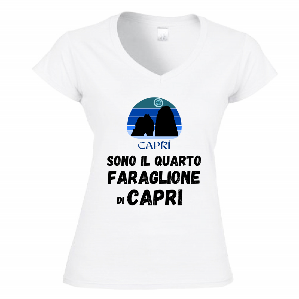 T-Shirt Donna Scollo V SONO IL QUARTO FARAGLIONE DI CAPRI SCRITTA NERA