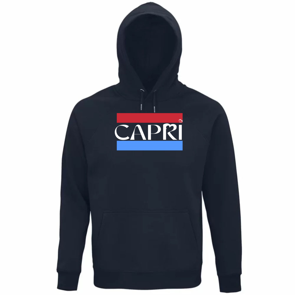 Felpa Organica Unisex Cappuccio CAPRI FASCIA ROSSO BLUE BIANCO
