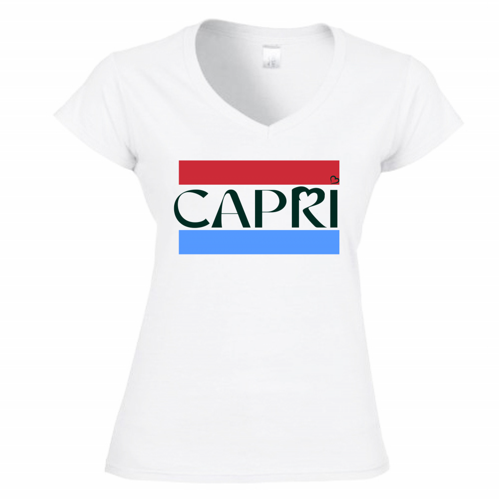 Women's T-Shirt V-Neck CAPRI RED BLUE BAND BLACK WRITING