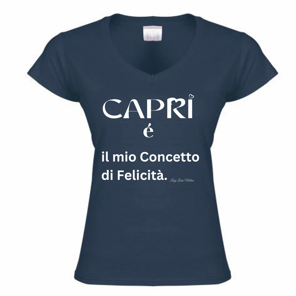 T-Shirt Donna Scollo V Capri é il mio concetto di Felicità scritta Bian