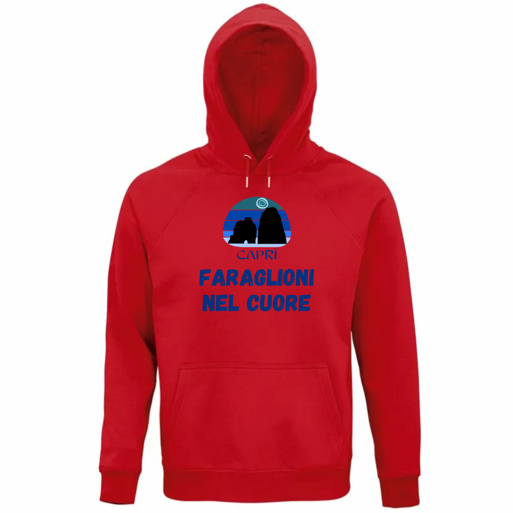 Felpa Organica Unisex Cappuccio FARAGLIONI DI CAPRI NEL CUORE SCRITTA BLUE