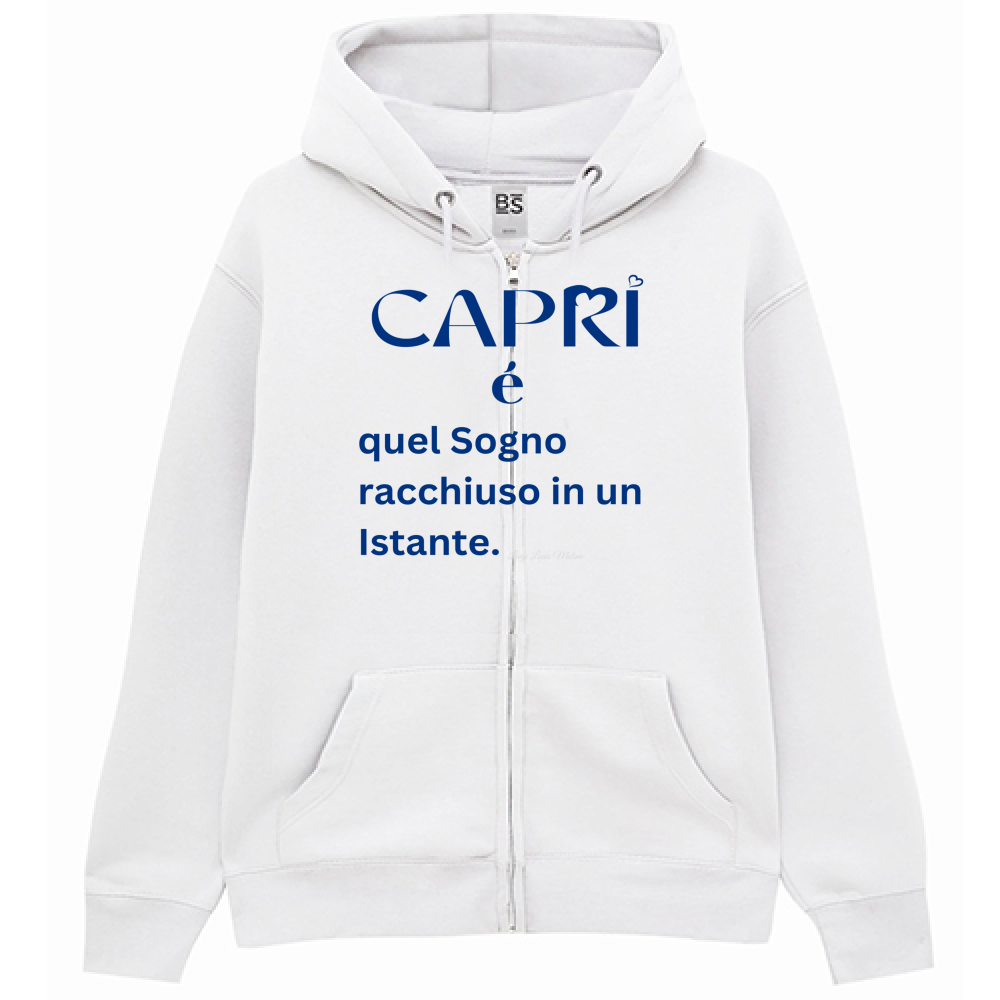 Felpa Premium Cappuccio Zip Capri Sogno racchiuso in un istante scritta Blue