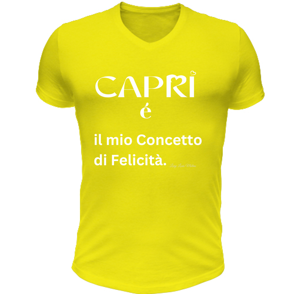 T-Shirt Unisex Scollo V Capri é il mio concetto di Felicità scritta Bian