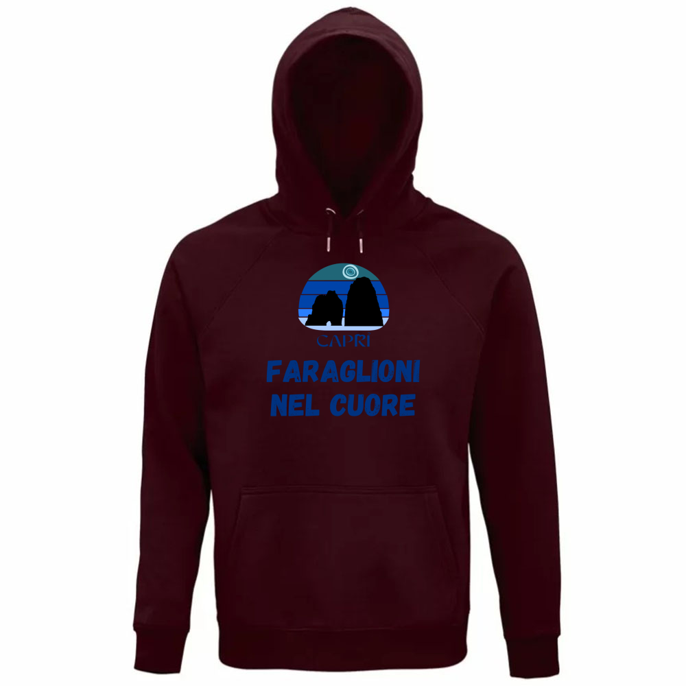 Felpa Organica Unisex Cappuccio FARAGLIONI DI CAPRI NEL CUORE SCRITTA BLUE