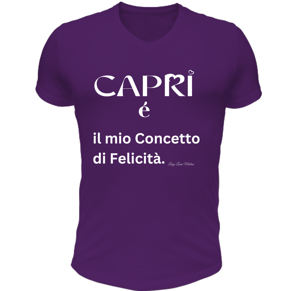 T-Shirt Unisex Scollo V Capri é il mio concetto di Felicità scritta Bian