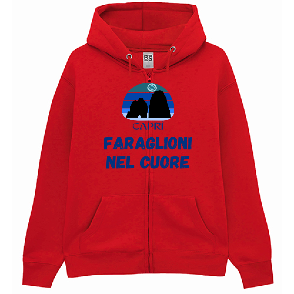 Felpa Premium Cappuccio Zip FARAGLIONI DI CAPRI NEL CUORE SCRITTA BLUE