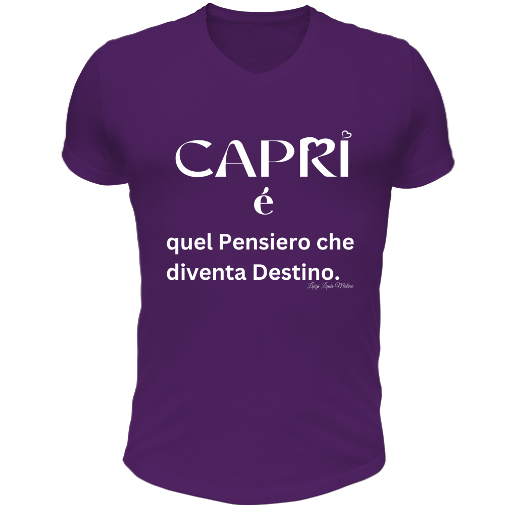 T-Shirt Unisex Scollo V Capri quel Pensiero che diventa Destino scritta bi