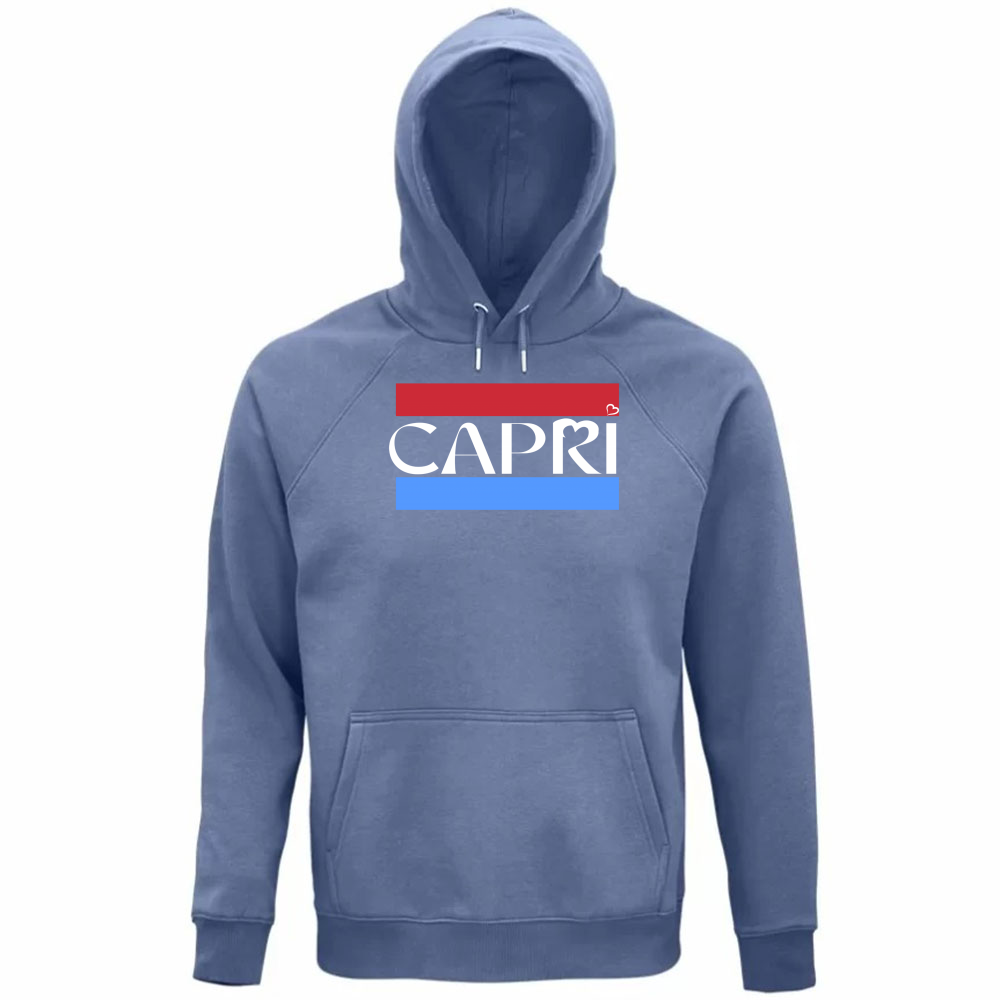 Felpa Organica Unisex Cappuccio CAPRI FASCIA ROSSO BLUE BIANCO