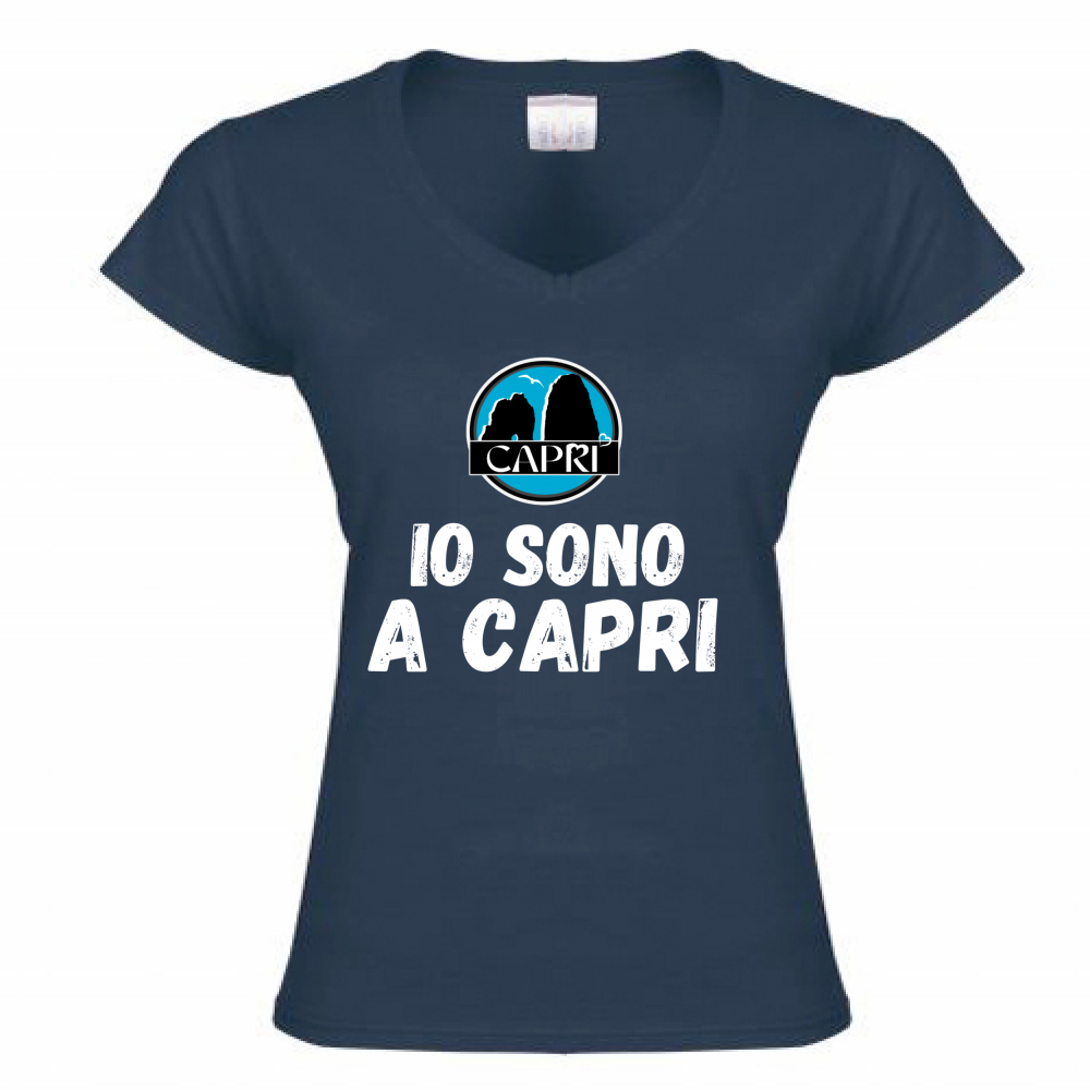 T-Shirt Donna Scollo V IO SONO A CAPRI SCRITTA BIANCA