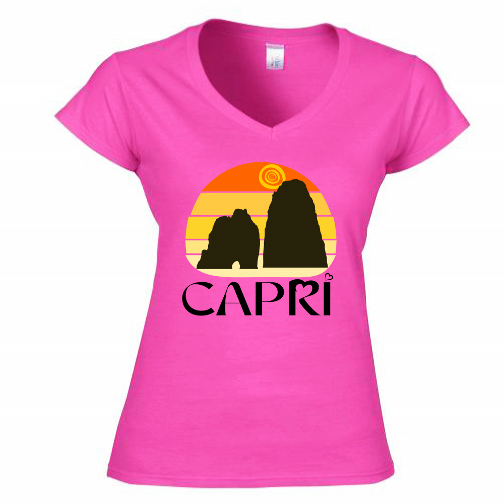 Women's T-Shirt V-Neck CAPRI SUNSET VINTAGE BLACK WRITING