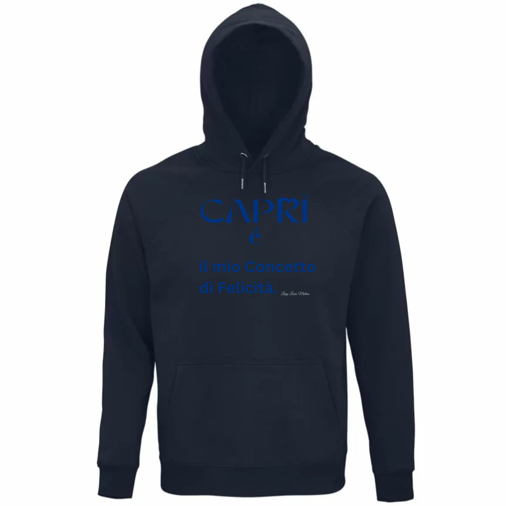 Felpa Organica Unisex Cappuccio Capri é il mio concetto di Felicità scritta Blue